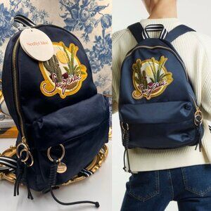 🆕 SEE BY CHLOE 🧿 NWT Cactus and Logo-Embroidered Satin Backpack in Navy